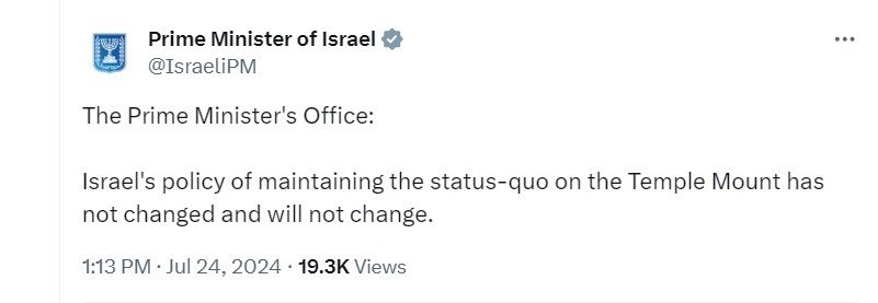 Israeli PM tweet Aqsa Status quo